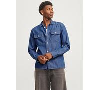 Langarmhemd JACK & JONES "JJETRAVIS SHIRT LS NOOS", Herren, Gr. M, N-Gr, blau (medium blau denim), Web, Obermaterial: 100% Baumwolle, unifarben, comfort fit taillenbedeckt, ohne Ausschnitt, Manschette