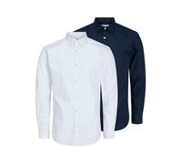 Langarmhemd JACK & JONES "JJJOE SHIRT LS 2 PACK MP", Herren, Gr. M, N-Gr, weiß (navy blazer detail:pack w weiß, slim), Web, Obermaterial: 65% Polyester, 35% Baumwolle, unifarben, slim fit normal, Hemd