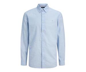 Langarmhemd JACK & JONES "JPRBLUSUMMER LINEN BLEND SHIELD LS SHIRT", Herren, Gr. S, N-Gr, chambray blau fit:regular fit, Web, Obermaterial: 70% Baumwolle, 30% Leinen, unifarben, regular fit normal, He