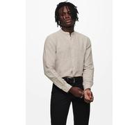 Langarmhemd ONLY & SONS "ONSCAIDEN LS SOLID LINEN MAO SHIRT NOOS", Herren, Gr. L, N-Gr, grau (chinchilla), Web, Obermaterial: 55% Baumwolle, 45% Leinen, unifarben, slim fit, Rundhals, 2-Knopf-Manschet