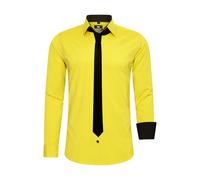 Rusty Neal Herren-Hemd Premium Slim Fit Langarm Stretch Kontrast Hemd mit Krawatte Business-Hemden Outfit Freizeithemd Set 44_99, Größe:XL, Farbe:Gelb