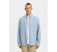 Langarmhemd SELECTED "SLHREGCLAY LINENBLEND LS SHIRT CLA NOOS", Herren, Gr. L, N-Gr, dusty blau stripes:weiß, Web, Obermaterial: 55% Leinen, 45% Baumwolle, gestreift, regular fit, Hemden (30551144-L)