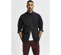 Langarmhemd SELECTED "SLHREGRICK-OX SHIRT LS NOOS", Herren, Gr. M, N-Gr, schwarz, Web, Obermaterial: 97% Baumwolle, 3% Elasthan, unifarben, regular fit normal, ohne Ausschnitt, 1-Knopf-Manschette, Hem