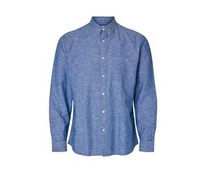Langarmhemd SELECTED "SLHSLIMSUN LS SHIRT CLASSIC D", Herren, Gr. L, N-Gr, medium blau denim, Web, Obermaterial: 71% Baumwolle, 29% Leinen, unifarben, slim fit normal, 1-Knopf-Manschette, Hemden (2053