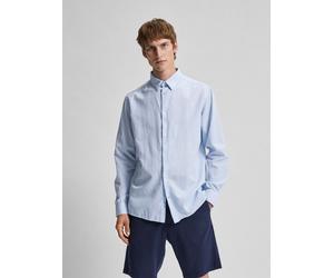 Langarmhemd SELECTED "SLHSLIMSUN LS SHIRT CLASSIC D", Herren, Gr. XL, N-Gr, skyway detail:mixed with weiß, Web, Obermaterial: 71% Baumwolle, 29% Leinen, unifarben, slim fit normal, 1-Knopf-Manschette,