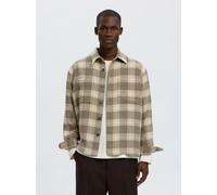 Langarmhemd SELECTED "SLMOLE PABLO WOOL BLEND OVERSHIRT NOOS", Herren, Gr. M, N-Gr, oatmeal checks:walnut, Web, Obermaterial: 65% Polyester, 30% Wolle, 5% sonstige Fasern, kariert, regular fit normal,