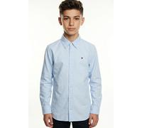 Langarmhemd TOMMY HILFIGER "FLAG OXFORD SHIRT", Jungen, Gr. 74, N-Gr, blau (calm blau), Web, Obermaterial: 98% Baumwolle, 2% Elasthan, unifarben, regular fit normal, Rundhals, eingesetzt 1-Knopf-Mansc