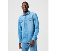 Langarmhemd WRANGLER "WESTERN SHIRT", Herren, Gr. L, N-Gr, mid light wash, Web, Obermaterial: 100% Baumwolle, casual, regular fit normal, Langarm Ärmel mit Ärmelschlitz Manschette mit Druckknöpfen, He