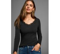 Langarmshirt AJC, Damen, Gr. 48/50, schwarz, Rippware, Obermaterial: 100% Baumwolle. Spitze: 100% Polyester, clean, unifarben, sehr figurbetont hüftlang, tiefer V-Ausschnitt, Shirts Langarmshirt, aus