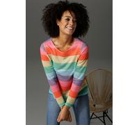 Langarmshirt ANISTON CASUAL, Damen, Gr. 44, bunt (pink, orange, gelb, apfelgrün, türkis, lila), Feinstrick, Obermaterial: 100% Polyester, Leinenoptik, geringelt, gestreift, figurumspielend Po-bedecken