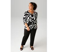 Langarmshirt ANISTON PLUS, Damen, Gr. 52, schwarz-weiß (schwarz, weiß), Single Jersey, Obermaterial: 95% Viskose, 5% Elasthan, bedruckt, gemustert, figurumspielend Po-bedeckend, Rundhals, elastischer 