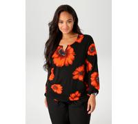 Langarmshirt ANISTON PLUS, Damen, Gr. 54, schwarz (schwarz, orangerot, rostrotanthrazit, grau, weiß), Single Jersey, Obermaterial: 95% Viskose, 5% Elasthan, bedruckt, geblümt, figurumspielend Po-bedec