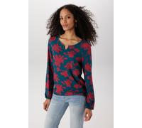 Langarmshirt ANISTON SELECTED, Damen, Gr. 42, bunt (marine, rot), Single Jersey, Obermaterial: 95% Viskose, 5% Elasthan, bedruckt, geblümt, gemustert, figurumspielend hüftlang, Rundhals, elastischer B