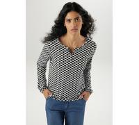 Langarmshirt ANISTON SELECTED, Damen, Gr. 42, schwarz-weiß (schwarz, weiß), Single Jersey, Obermaterial: 95% Viskose, 5% Elasthan, bedruckt, gemustert, figurumspielend hüftbedeckend, Rundhals, mit Gum
