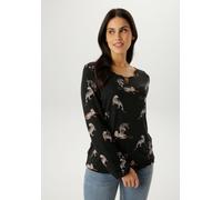 Langarmshirt ANISTON SELECTED, Damen, Gr. 46, bunt (schwarz, beige, zimt), Single Jersey, Obermaterial: 95% Viskose, 5% Elasthan, bedruckt, figurumspielend hüftbedeckend, Rundhals, elastischer Bund mi