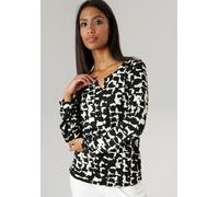 Langarmshirt ANISTON SELECTED, Damen, Gr. 48, schwarz-weiß (schwarz, sanftes weiß), Single Jersey, Obermaterial: 95% Viskose, 5% Elasthan, bedruckt, gemustert, figurumspielend hüftbedeckend, Rundhals,