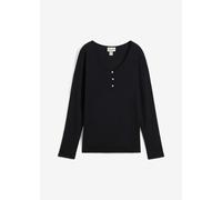 Langarmshirt BONPRIX, Damen, Gr. 44/46 (L), schwarz, Jersey, Obermaterial: 100% Baumwolle, unifarben, schmal hüftbedeckend, Rundhals, Shirts Langarmshirt, schmale Passform, Langarm, mit kurzer Knopfle
