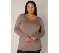 Langarmshirt BASE LEVEL CURVY "Alize", Damen, Gr. 48, grau (schwarz taupe), Jersey, Obermaterial: 96% Viskose, 4% Elasthan, unifarben, figurbetont hüftbedeckend, V-Ausschnitt, eingesetzt abgesteppt, S