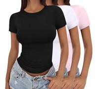 Langarmshirt Basic Damen,3 Pack Women's T-Shirt Basic Short Sleeve Stretch Crop Top Y2K Slim Fit Tops Casual Athletic Crew Neck Tee Shirts Undershirts Base Tops Teenager Streetwear Aesthetic Clothes