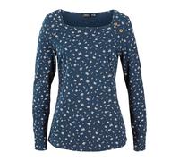 Langarmshirt BONPRIX "Langarmshirt, bedruckt", Damen, Gr. 40/42 (M), blau (dunkelblau geblümt), Web, Obermaterial: 100% Baumwolle, bedruckt, loose fit normal, eckiger Ausschnitt, Bündchen, Shirts Lang