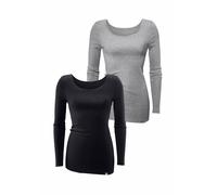 Langarmshirt BENCH. "aus feiner Rippware", Damen, Gr. 40/42, schwarz (schwarz, grau, meliert), Feinripp, Obermaterial: 100% Baumwolle, unifarben, Basic, figurbetont extralang, tiefer Rundhals, Shirts 