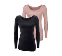 Langarmshirt BENCH. "aus feiner Rippware", Damen, Gr. 48/50, rosa (rose, schwarz), Feinripp, Obermaterial: 100% Baumwolle, unifarben, Basic, figurbetont extralang, tiefer Rundhals, Shirts Langarmshirt