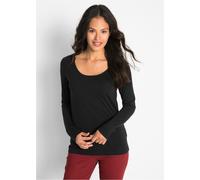 Langarmshirt BONPRIX, Damen, Gr. 32/34 (XS), schwarz, Jersey, Obermaterial: 95% Baumwolle, 5% Elasthan, unifarben, eng normal, Rundhals, gerader Abschluss, Shirts Langarmshirt, Figurbetontes Langarmsh