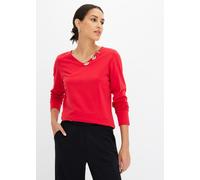 Langarmshirt BONPRIX, Damen, Gr. 36/38 (S), rot, Jersey, Obermaterial: 95% Baumwolle, 5% Elasthan, unifarben, bequem hüftbedeckend, V-Ausschnitt, Shirts Langarmshirt, bequeme Passform, Langarm, tolle