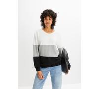 Langarmshirt BONPRIX, Damen, Gr. 40/42 (M), weiß (wollweiß, hellgrau, schwarz gestreift), Obermaterial: 69% Polyester, 28% Viskose, 3% Elasthan, lässig geschnitten, Shirts Langarmshirt, lässig geschni