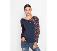 Langarmshirt BONPRIX, Damen, Gr. 44/46 (L), dunkelblau bedruckt, Obermaterial: 50% Baumwolle, 50% Viskose, schmal, Shirts Langarmshirt, schmale Passform, Langarm, mit Blumenprint, mit V-Ausschnitt (81