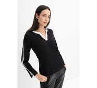 Langarmshirt BONPRIX, Damen, Gr. 44/46 (L), schwarz, weiß, Jersey, Obermaterial: 64% Polyester, 32% Viskose, 4% Elasthan, unifarben mit Farbeinsätzen, loose fit hüftbedeckend, V-Ausschnitt, Ärmel mit