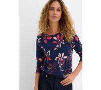 Langarmshirt BONPRIX, Damen, Gr. 48/50 (XL), dunkelblau geblümt, Jersey, Obermaterial: 100% Baumwolle, bedruckt, geblümt, figurumspielend hüftlang, Rundhals, Shirts Langarmshirt, figurumspielende Pass