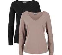 Langarmshirt BONPRIX "Figurbetontes Langarmshirt (2er Pack)", Damen, Gr. 36/38 (S), braun (taupe, schwarz), Web, Obermaterial: 95% Baumwolle, 5% Elasthan, unifarben, slim fit normal, V-Ausschnitt, Shi