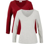 Langarmshirt BONPRIX "Figurbetontes Langarmshirt (2er Pack)", Damen, Gr. 36/38 (S), rot (rubinrot, hellgrau meliert), Web, Obermaterial: 95% Baumwolle, 5% Elasthan, meliert, slim fit normal, V-Ausschn