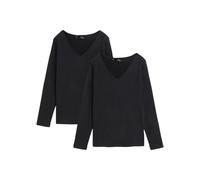 Langarmshirt BONPRIX "Figurbetontes Langarmshirt (2er Pack)", Damen, Gr. 40/42 (M), schwarz (schwarz, schwarz), Web, Obermaterial: 95% Baumwolle, 5% Elasthan, unifarben, slim fit normal, V-Ausschnitt,