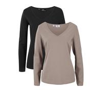 Langarmshirt BONPRIX "Figurbetontes Langarmshirt (2er Pack)", Damen, Gr. 44/46 (L), braun (taupe, schwarz), Web, Obermaterial: 95% Baumwolle, 5% Elasthan, unifarben, slim fit normal, V-Ausschnitt, Shi