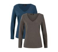 Langarmshirt BONPRIX "Figurbetontes Langarmshirt (2er Pack)", Damen, Gr. 48/50 (XL), blau (dunkelblau, anthrazit meliert), Web, Obermaterial: 95% Baumwolle, 5% Elasthan, meliert, slim fit normal, V-Au
