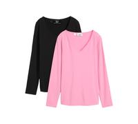 Langarmshirt BONPRIX "Figurbetontes Langarmshirt (2er Pack)", Damen, Gr. 56/58 (XXXL), rosa (blütenpink, schwarz), Web, Obermaterial: 95% Baumwolle, 5% Elasthan, unifarben, slim fit normal, V-Ausschni