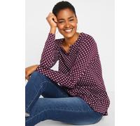 Langarmshirt BONPRIX "Gepunktetes Baumwoll-Langarmshirt mit Seitenschlitzen", Damen, Gr. 56/58 (XXXL), lila (holunderbeere, weiß gepunktet), Obermaterial: 95% Baumwolle, 5% Elasthan, loose fit, Shirts