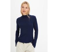 Langarmshirt BONPRIX "Geripptes Langarmshirt", Damen, Gr. 52/54 (XXL), blau (dunkelblau), Rippware, Obermaterial: 67% Polyester, 29% Viskose, 4% Elasthan, unifarben, slim fit normal, Rundhals, gewellt