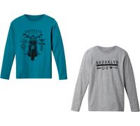 Langarmshirt BONPRIX, Jungen, Gr. 128/134, blau (meerestürkis, hellgrau meliert), Jersey, Obermaterial: 95% Baumwolle, 5% Viskose, bedruckt, unifarben, Basic normal, Rundhals, Shirts Langarmshirt, beq