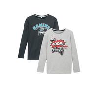 Langarmshirt BONPRIX, Kinder, Gr. 176/182, schwarz (schwarz, hellgrau meliert bedruckt), Obermaterial: 100% Baumwolle, Shirts Langarmshirt (39818605-176)
