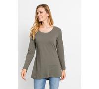 Langarmshirt BONPRIX "Langarmshirt aus reiner Baumwolle", Damen, Gr. 36/38 (S), grün (oliv), Jersey, Obermaterial: 100% Baumwolle, unifarben, loose fit Po-bedeckend, Rundhals, Shirts Langarmshirt, loc