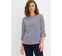 Langarmshirt BONPRIX "Langarmshirt aus reiner Baumwolle", Damen, Gr. 44/46 (L), dunkelblau, weiß gestreift, Web, Obermaterial: 100% Baumwolle, bequem normal, U-Boot-Ausschnitt, Aufschlag, Shirts Langa