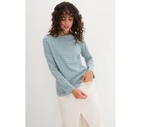 Langarmshirt BONPRIX "Langarmshirt aus reiner Baumwolle", Damen, Gr. 44/46 (L), blau (pfeffergrün, weiß gestreift), Web, Obermaterial: 100% Baumwolle, gestreift, bequem normal, U-Boot-Ausschnitt, Aufs