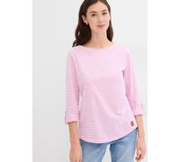 Langarmshirt BONPRIX "Langarmshirt aus reiner Baumwolle", Damen, Gr. 48/50 (XL), blütenpink, weiß gestreift, Web, Obermaterial: 100% Baumwolle, bequem normal, U-Boot-Ausschnitt, Aufschlag, Shirts Lang
