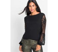Langarmshirt BONPRIX "Langarmshirt aus Viskose-Mix", Damen, Gr. 56/58 (XXXL), schwarz, Obermaterial: 95% Viskose, 5% Elasthan. Spitze: 100% Polyester, figurumspielend, Shirts Langarmshirt, figurumspie