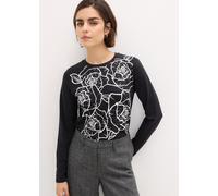 Langarmshirt BONPRIX "Langarmshirt mit Rosendruck", Damen, Gr. 36/38 (S), schwarz (schwarz, weiß bedruckt), Obermaterial: 95% Baumwolle, 5% Elasthan, loose fit, Rundhals, Shirts Langarmshirt, lockere