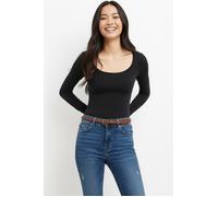 Langarmshirt BOSS ORANGE "Edeline Premium Damenmode", Damen, Gr. XL, schwarz (schwarz 006), Jersey, Obermaterial: 94% Baumwolle, 6% Viskose, meliert, tiefer Rundhals, mit Knöpfen,Ärmel mit Ärmelschlit