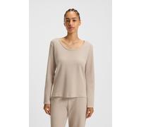 Langarmshirt BOSS "Waffle", Damen, Gr. M, light beige, Jersey, Obermaterial: 60% Baumwolle, 40% Polyester, Basic normal, tiefer Rundhals, Shirts Langarmshirt, Schlaf-Top, Waffelstruktur, aus Baumwollm